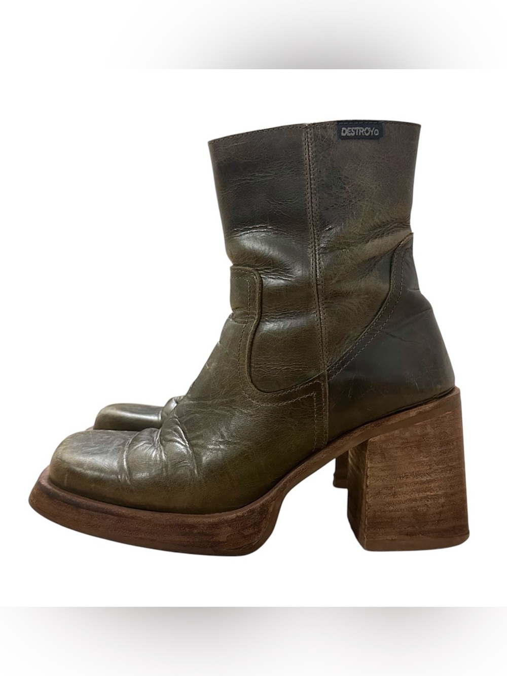 Vintage Y2K Destroy Heeled Platform Square Toe Brown Leather Boots